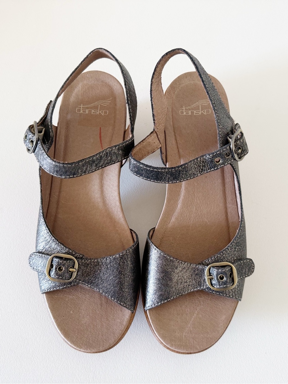 Dansko Shoes Clogs Metallic Gray Slingback Sandal with Wood-Look Wedge 10